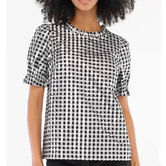 J. Crew Tops - J. Crew Black Silver Gingham Check Metallic Puffy Sleeves Blouse Top Size L